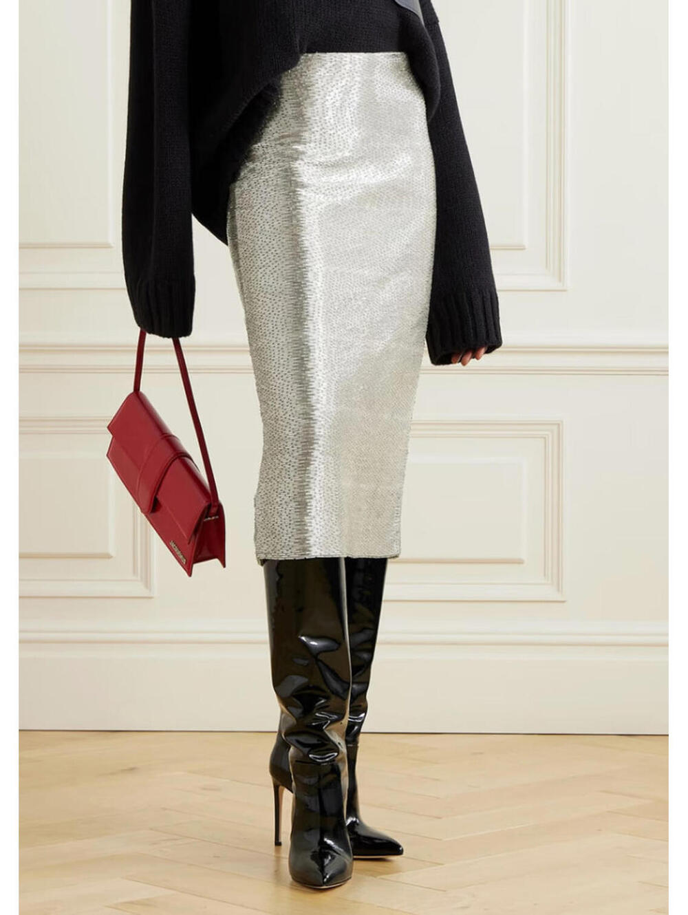 NWT $995 Staud Women's Silver Tulip Beaded Pencil Skirt Le Sable Size 0/XS